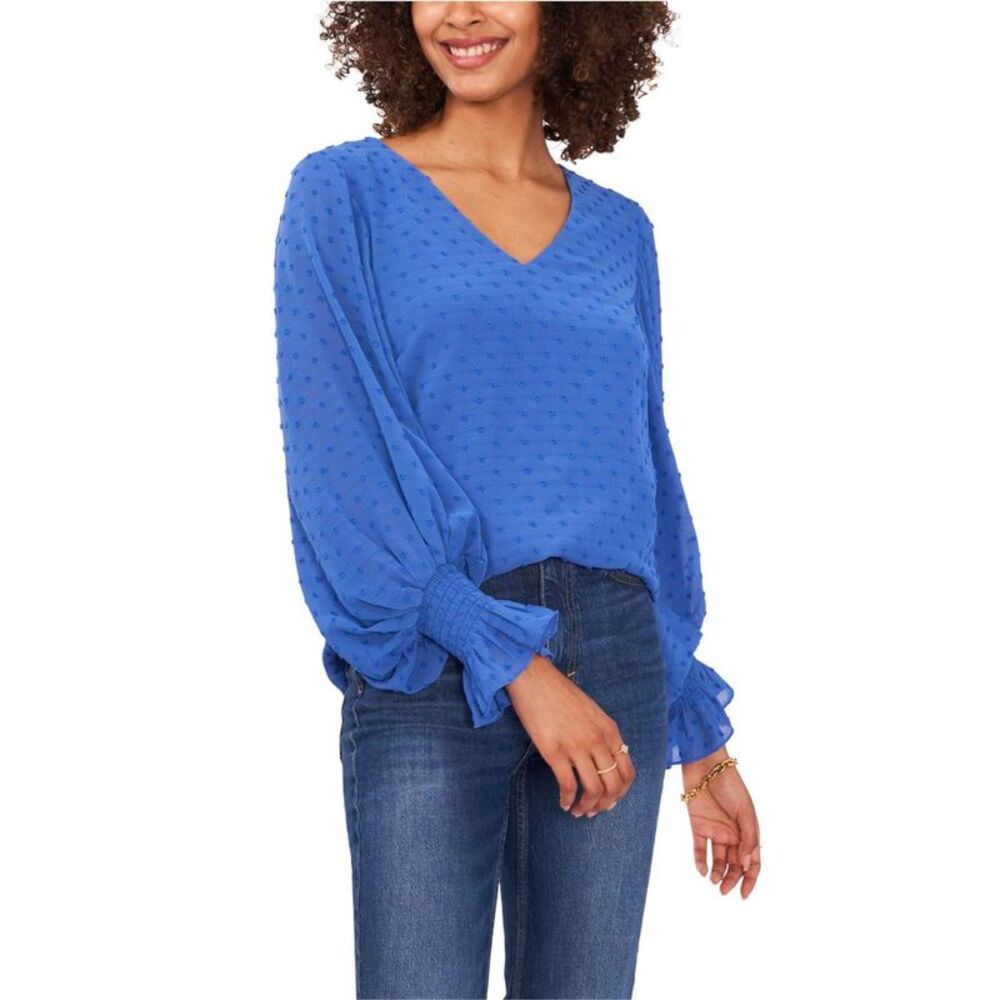 Vince Camuto Womens Clip Dot Smocked Cuff Ruffled Blouse, Blue, XS, DM